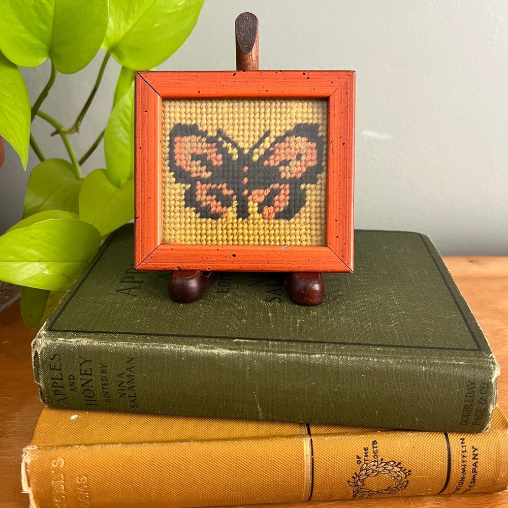 Vintage Handmade Needlepoint Butterfly Framed Mini Art CottageCore 4x3.75